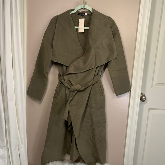 NWT Moda Italy Belted Camel Wrap Jacket Trench Waterfall Style Duster Coat M/L - Picture 1 of 6